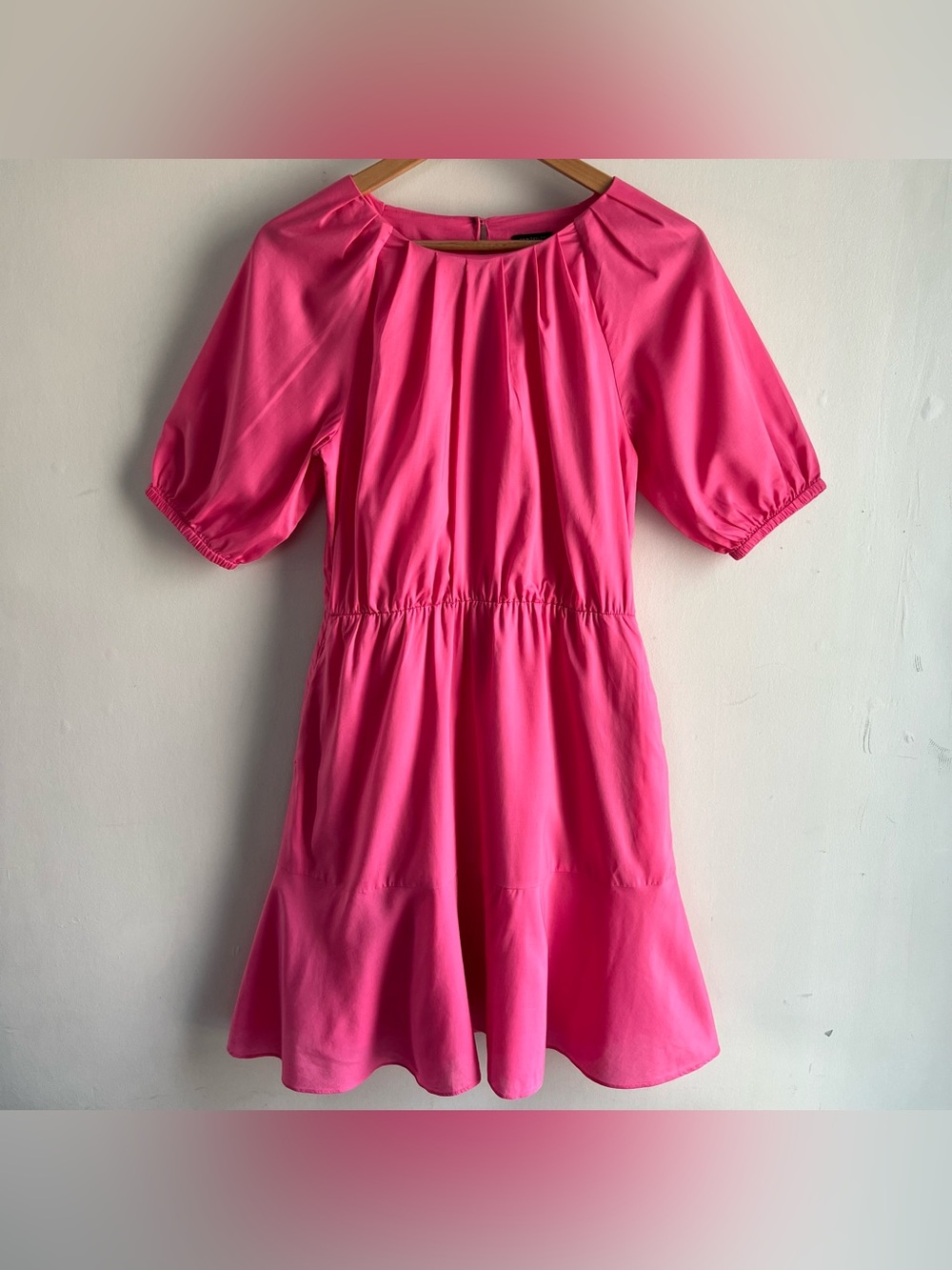 Ann Taylor S Small Hot Pink Poplin Puff Sleeve Pleated Neck Fit & Flare Dress